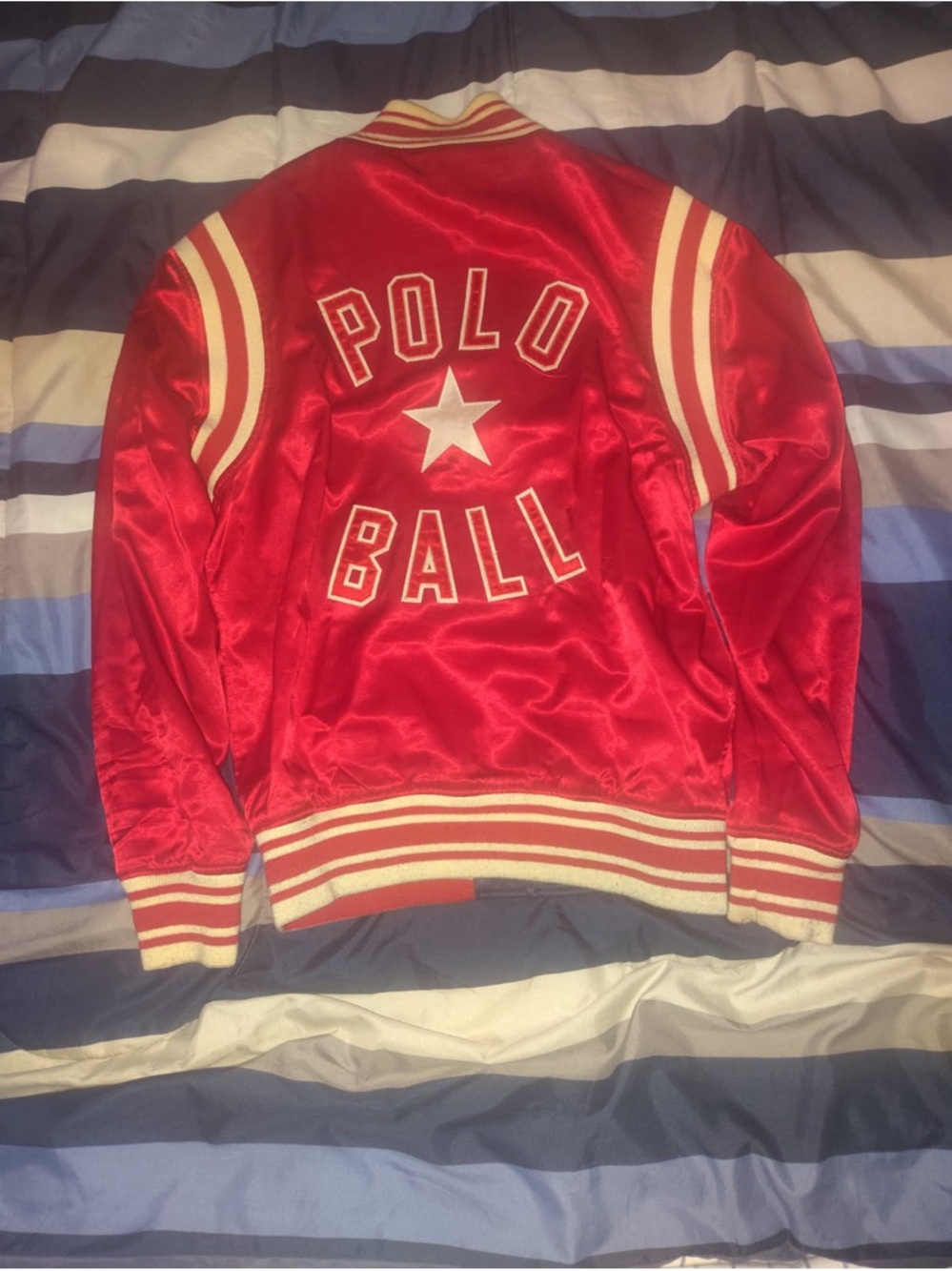 Polo by Ralph Lauren Red Satin Varsity Bomber Jacket with White Trim